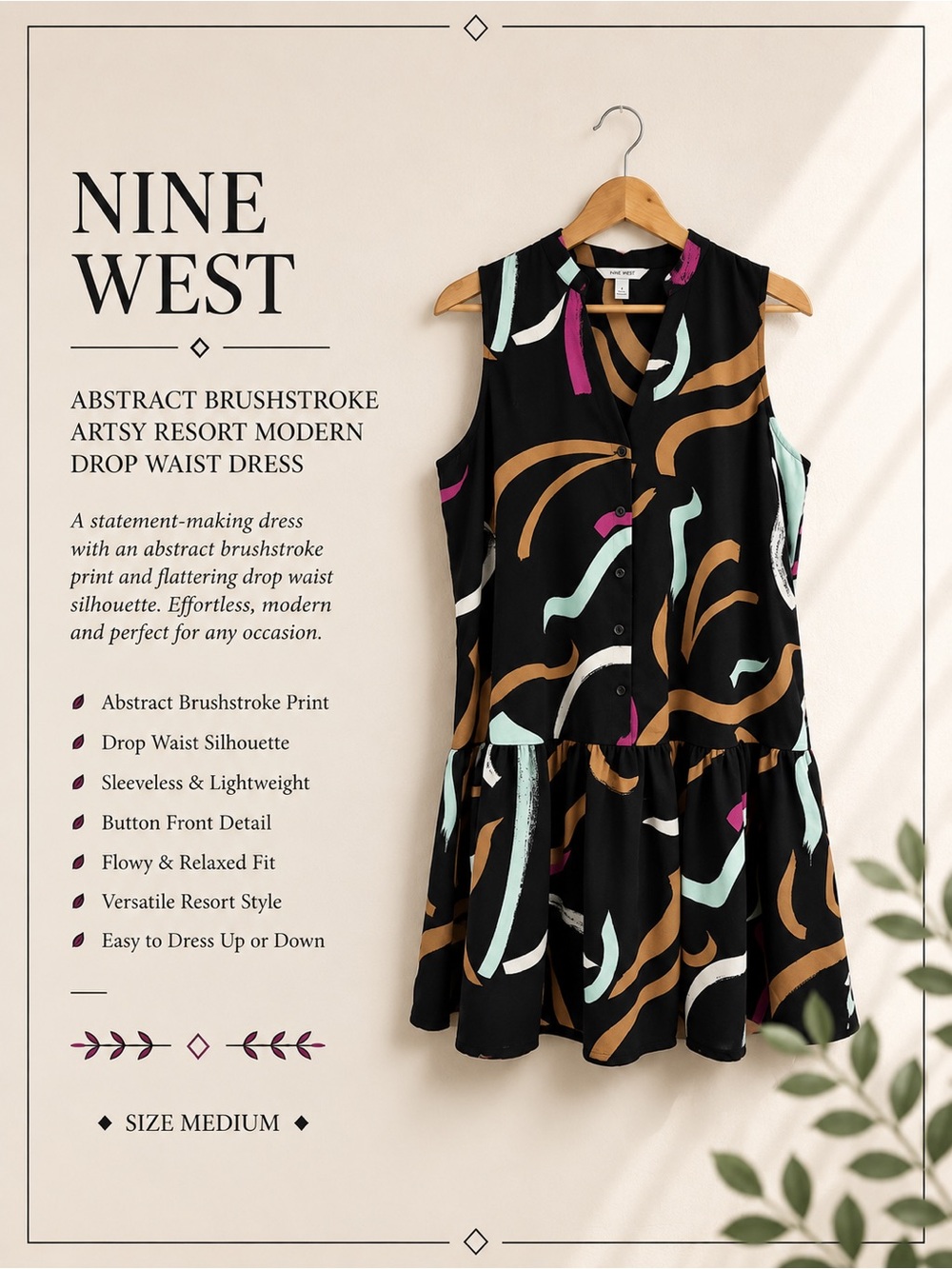 Nine West Abstract Brushstroke Artsy Resort Modern Drop Waist Dress Size Medium
